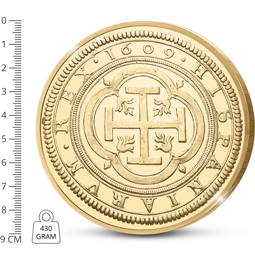 De vergulde Herslag van de momenteel duurste munt van Europa: 100 Escudos-munt van Spanje uit 1609