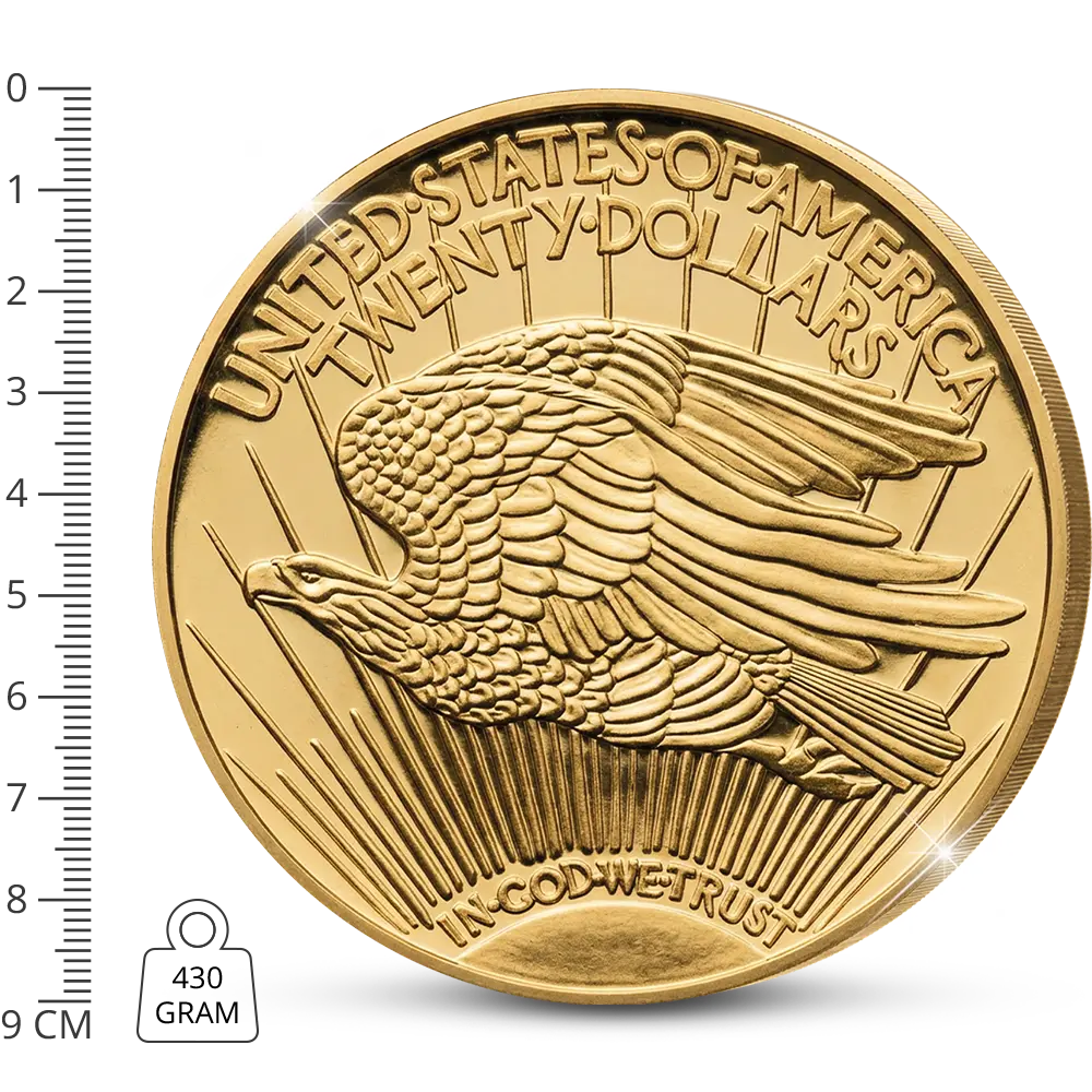 De vergulde “Giant” herslag van de momenteel duurste munt ter wereld: “The USA 20 Gold-Dollar Double Eagle 1933 Coin”