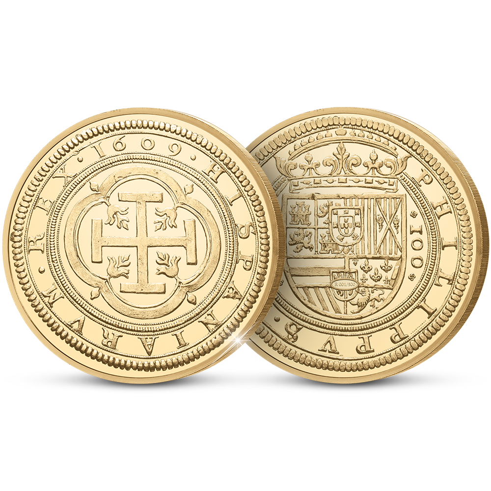 De vergulde Herslag van de momenteel duurste munt van Europa: 100 Escudos-munt van Spanje uit 1609