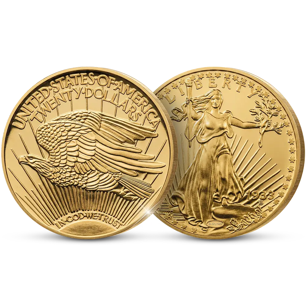 De vergulde “Giant” herslag van de momenteel duurste munt ter wereld: “The USA 20 Gold-Dollar Double Eagle 1933 Coin”
