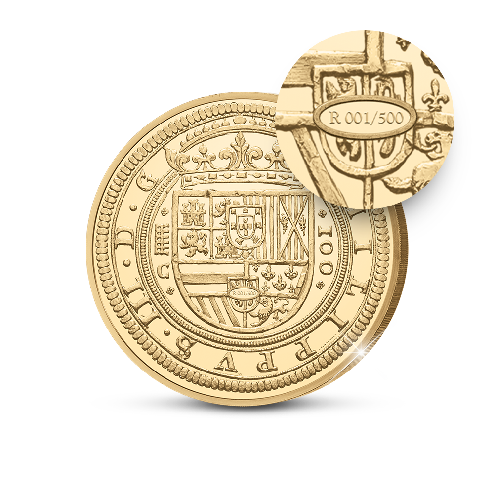 De vergulde Herslag van de momenteel duurste munt van Europa: 100 Escudos-munt van Spanje uit 1609