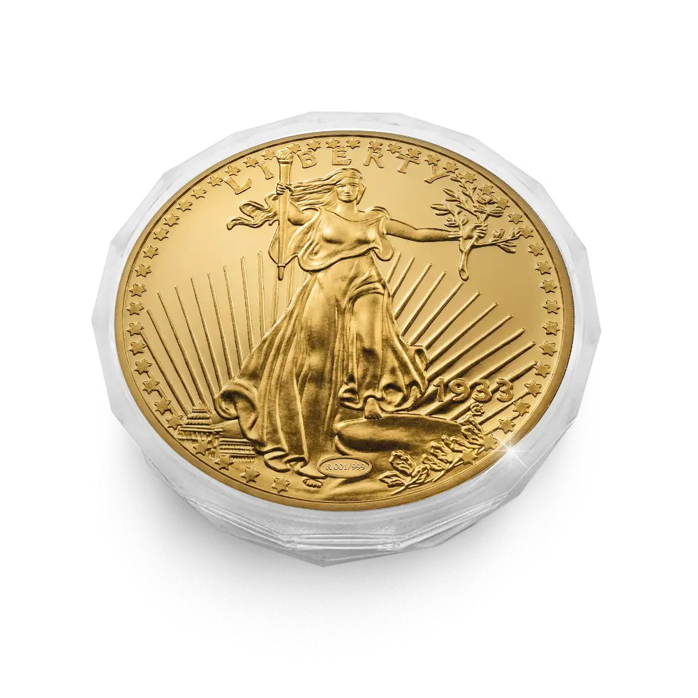 De vergulde “Giant” herslag van de momenteel duurste munt ter wereld: “The USA 20 Gold-Dollar Double Eagle 1933 Coin”