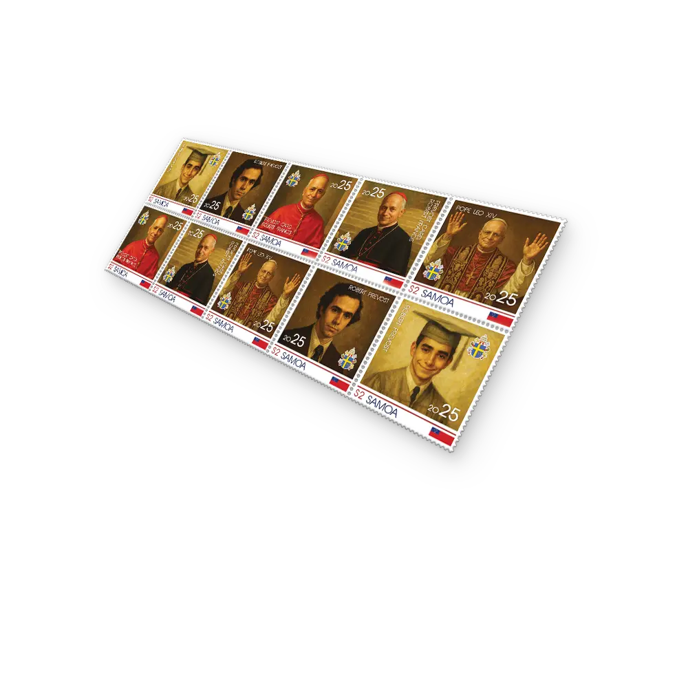 Het allereerste Herdenkingspostzegelvel Paus leo XIV