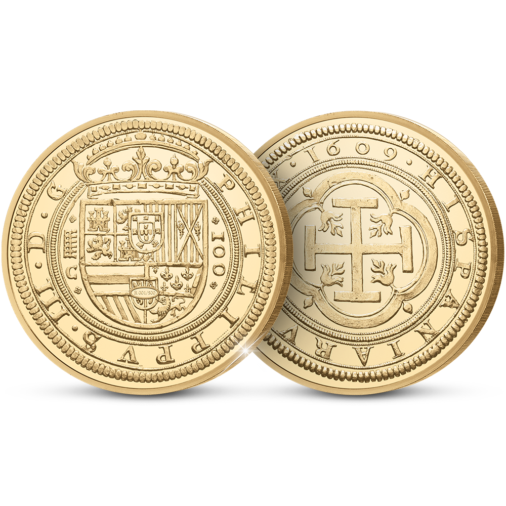 De vergulde Herslag van de momenteel duurste munt van Europa: 100 Escudos-munt van Spanje uit 1609