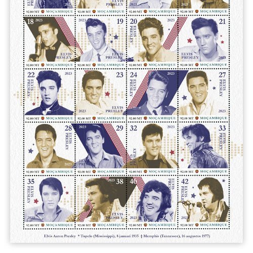 Het Officiële “Elvis Presley Levensweg” Postzegelvel met 20! Elvis Postzegels - Edel Collecties