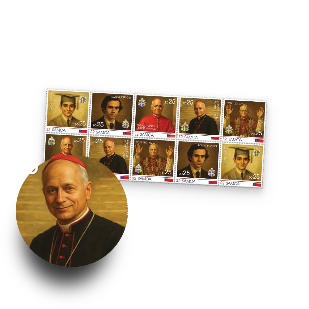 Het allereerste Herdenkingspostzegelvel Paus leo XIV