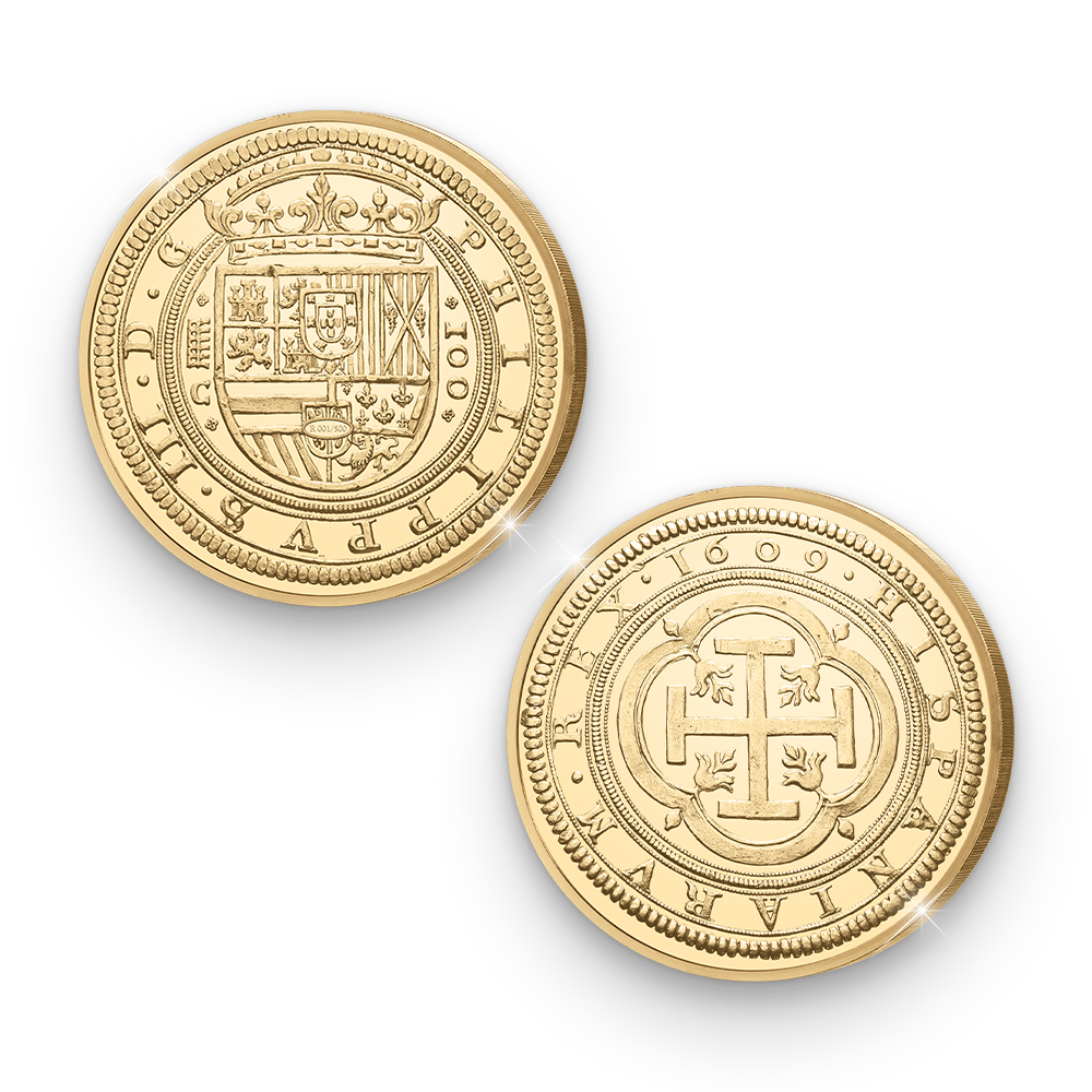 De vergulde Herslag van de momenteel duurste munt van Europa: 100 Escudos-munt van Spanje uit 1609