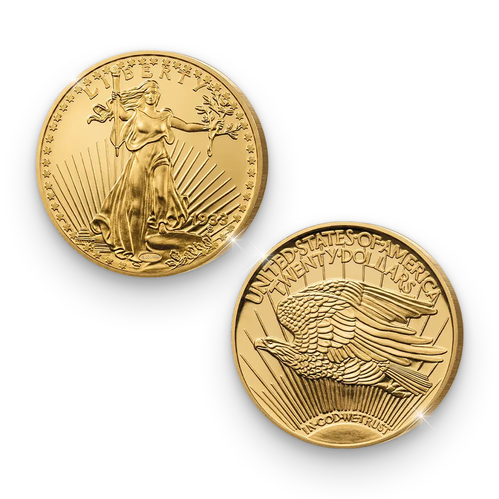 De vergulde “Giant” herslag van de momenteel duurste munt ter wereld: “The USA 20 Gold-Dollar Double Eagle 1933 Coin”