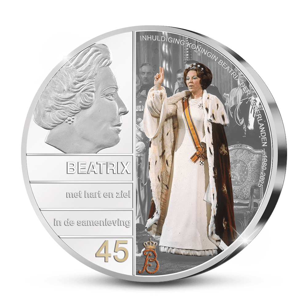 De Vaderlandse en extra grote 50 mm Jubileumuitgifte: 'Inhuldiging Koningin Beatrix der Nederlanden 1980 - 2025' - Edel Collecties