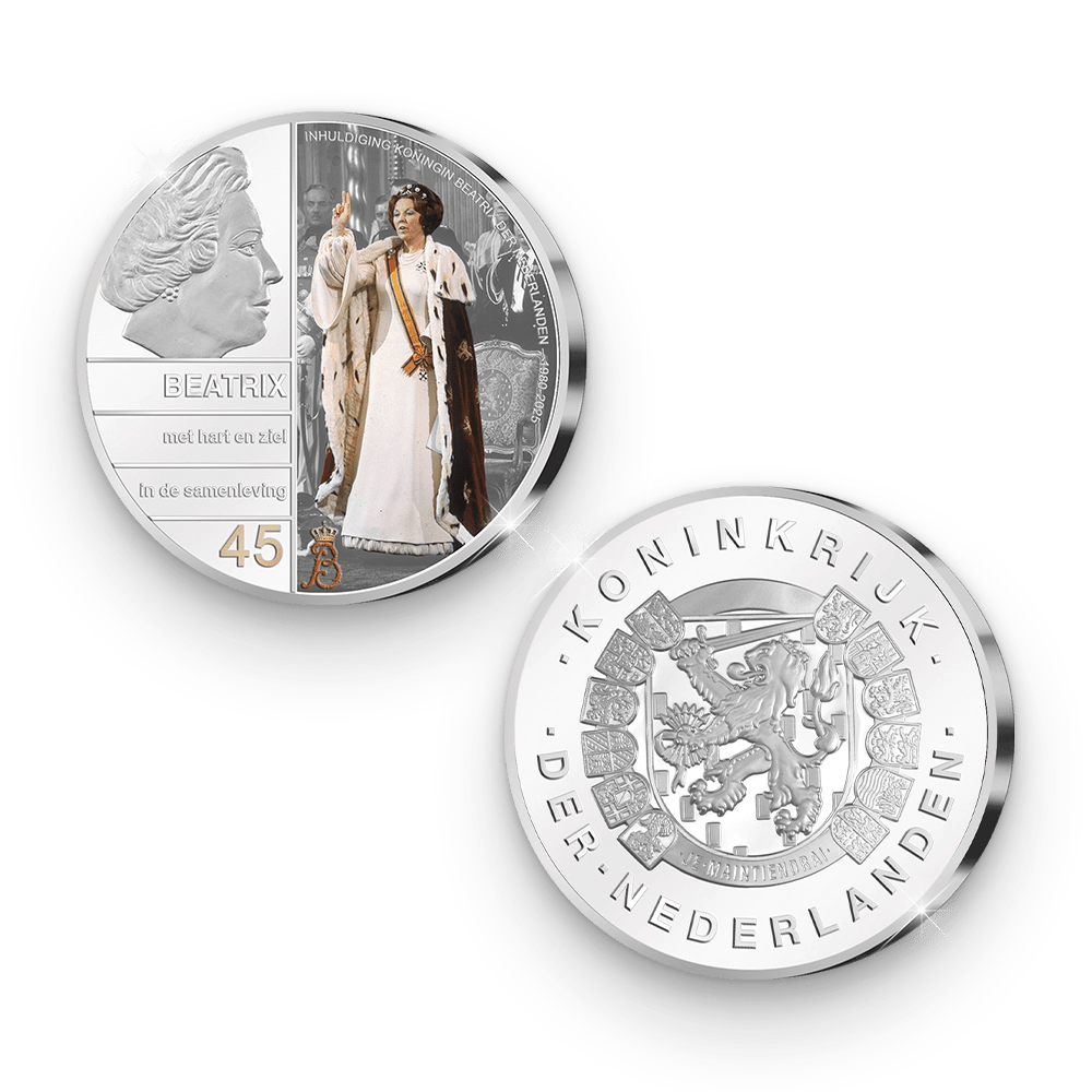 De Vaderlandse en extra grote 50 mm Jubileumuitgifte: 'Inhuldiging Koningin Beatrix der Nederlanden 1980 - 2025' - Edel Collecties