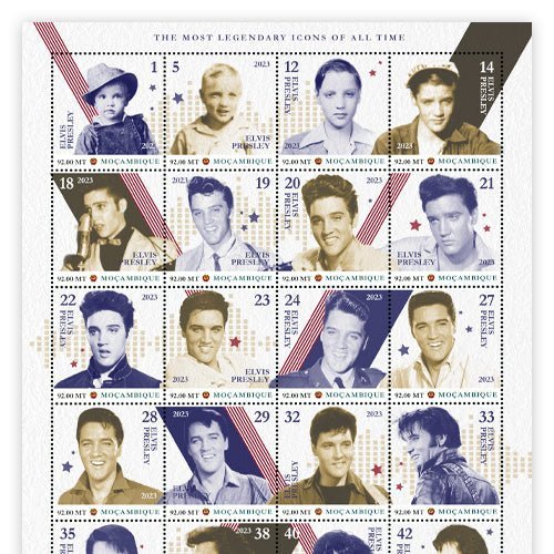 Het Officiële “Elvis Presley Levensweg” Postzegelvel met 20! Elvis Postzegels - Edel Collecties