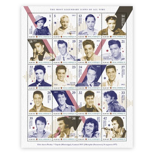 Het Officiële “Elvis Presley Levensweg” Postzegelvel met 20! Elvis Postzegels - Edel Collecties